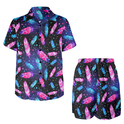 Feather Colorful Boho Design Print Men's Beach Shirt and Shorts Set