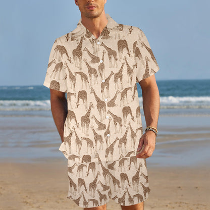 Giraffe Pattern Design Print Men's Beach Shirt and Shorts Set