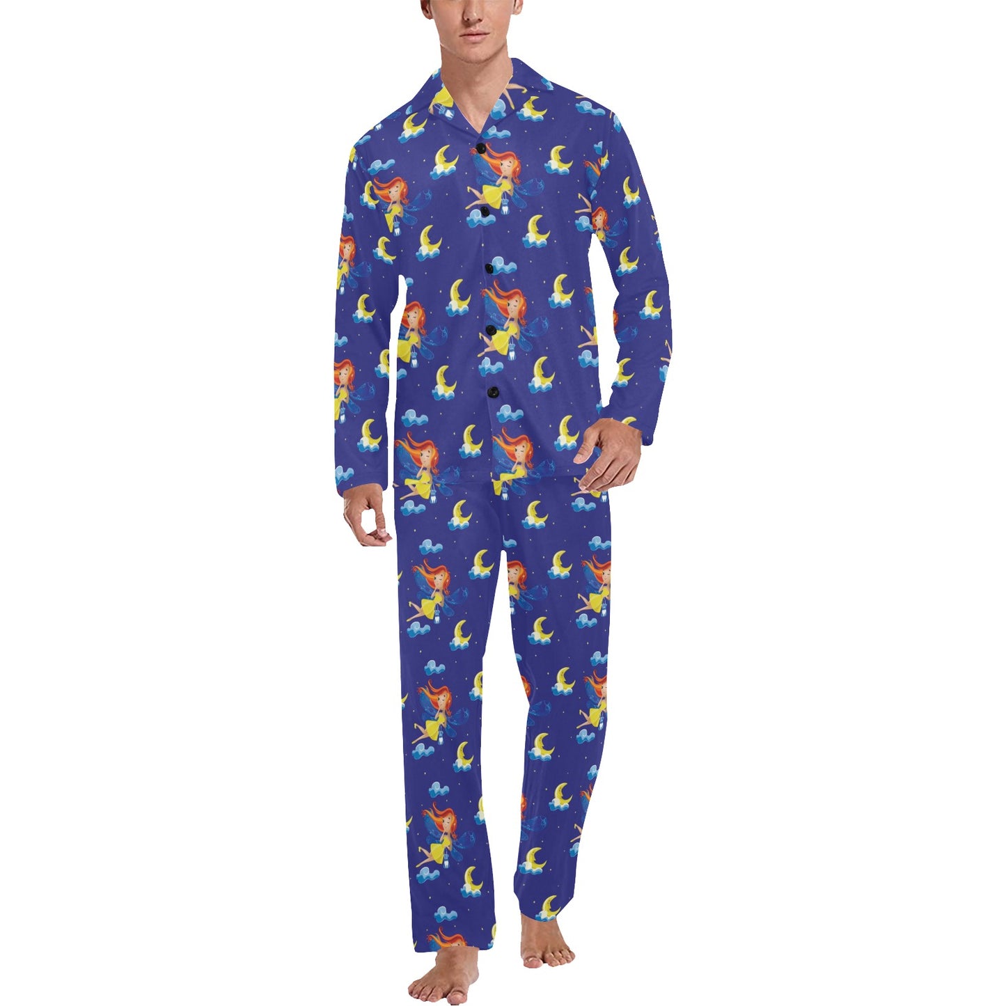 Fairy with Moon Print Pattern Men's Long Pajama Set