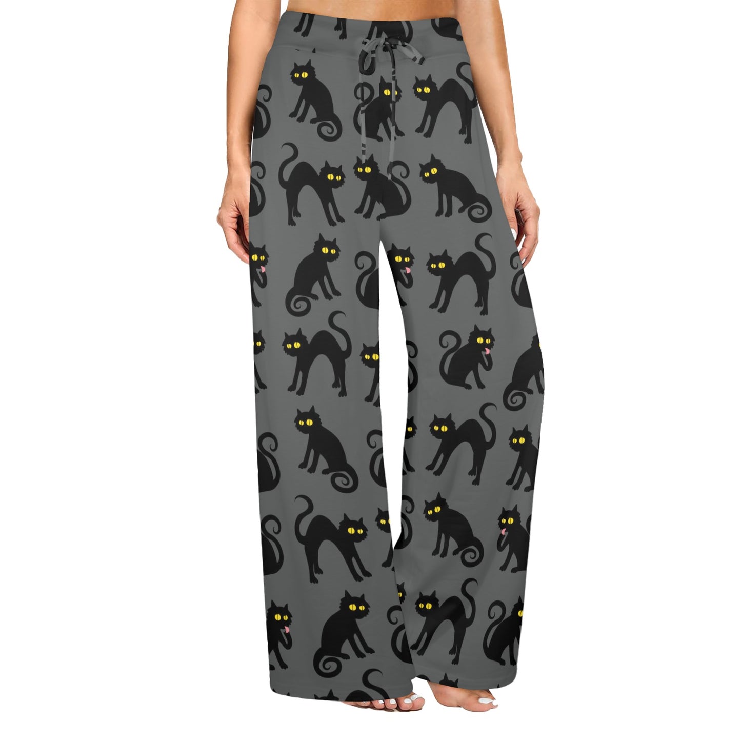 Black Cat Cute Print Pattern Women's Wide Leg Lounge Pants