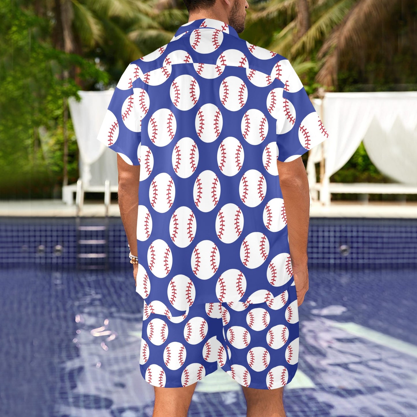 Baseball Blue Background Men's Beach Shirt and Shorts Set