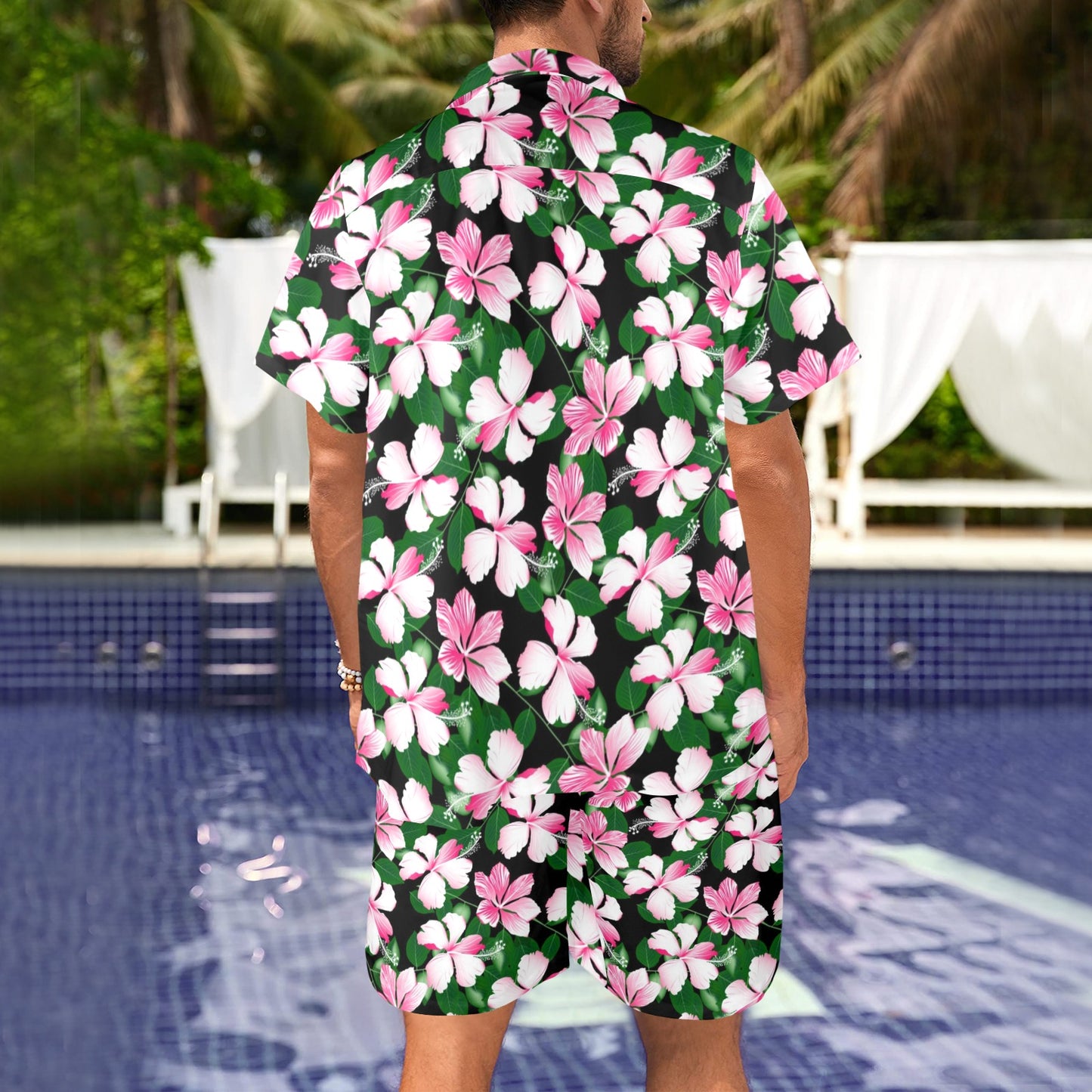 Hibiscus Pink Flower Hawaiian Print Men's Beach Shirt and Shorts Set