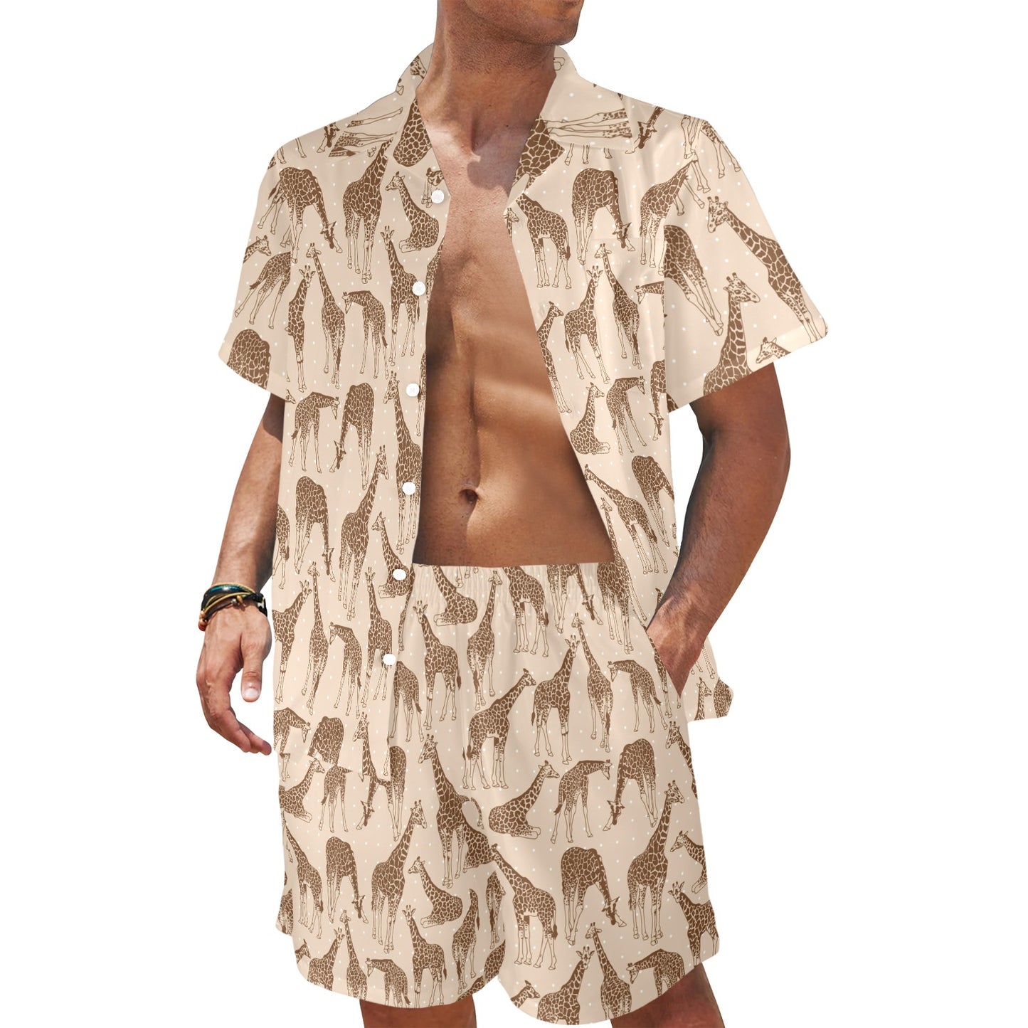 Giraffe Pattern Design Print Men's Beach Shirt and Shorts Set