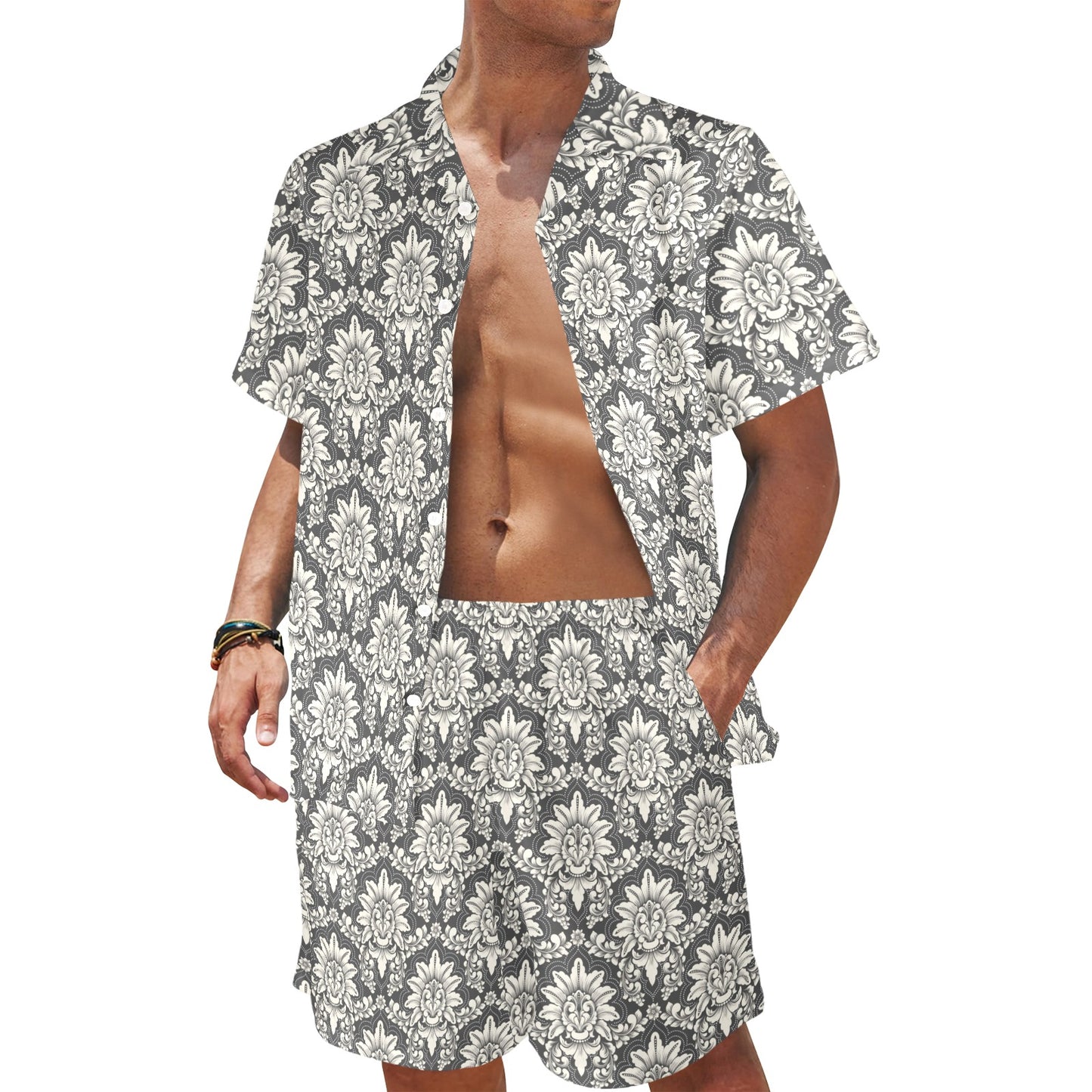 Damask Elegant Print Pattern Men's Beach Shirt and Shorts Set