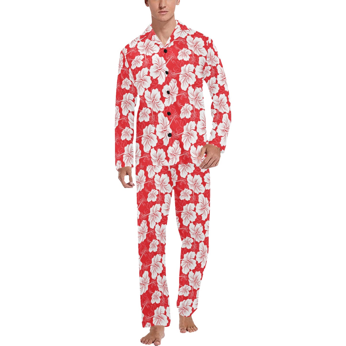 Flower Hawaiian Hibiscus Red Background Print Men's Long Pajama Set