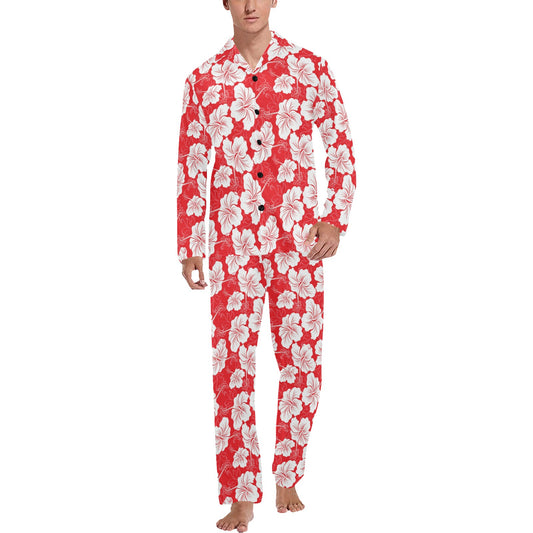 Flower Hawaiian Hibiscus Red Background Print Men's Long Pajama Set