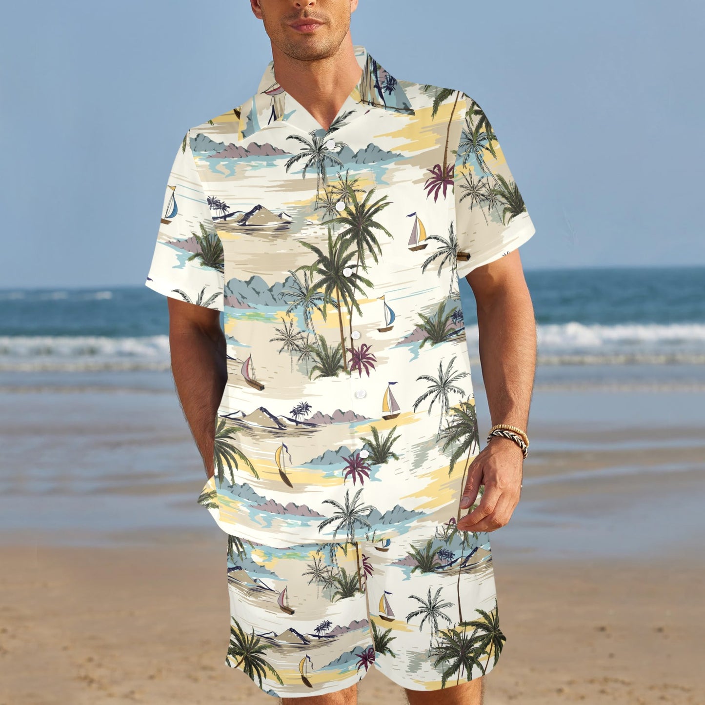 Palm Tree Beach Print Tapestry Men's Beach Shirt and Shorts Set
