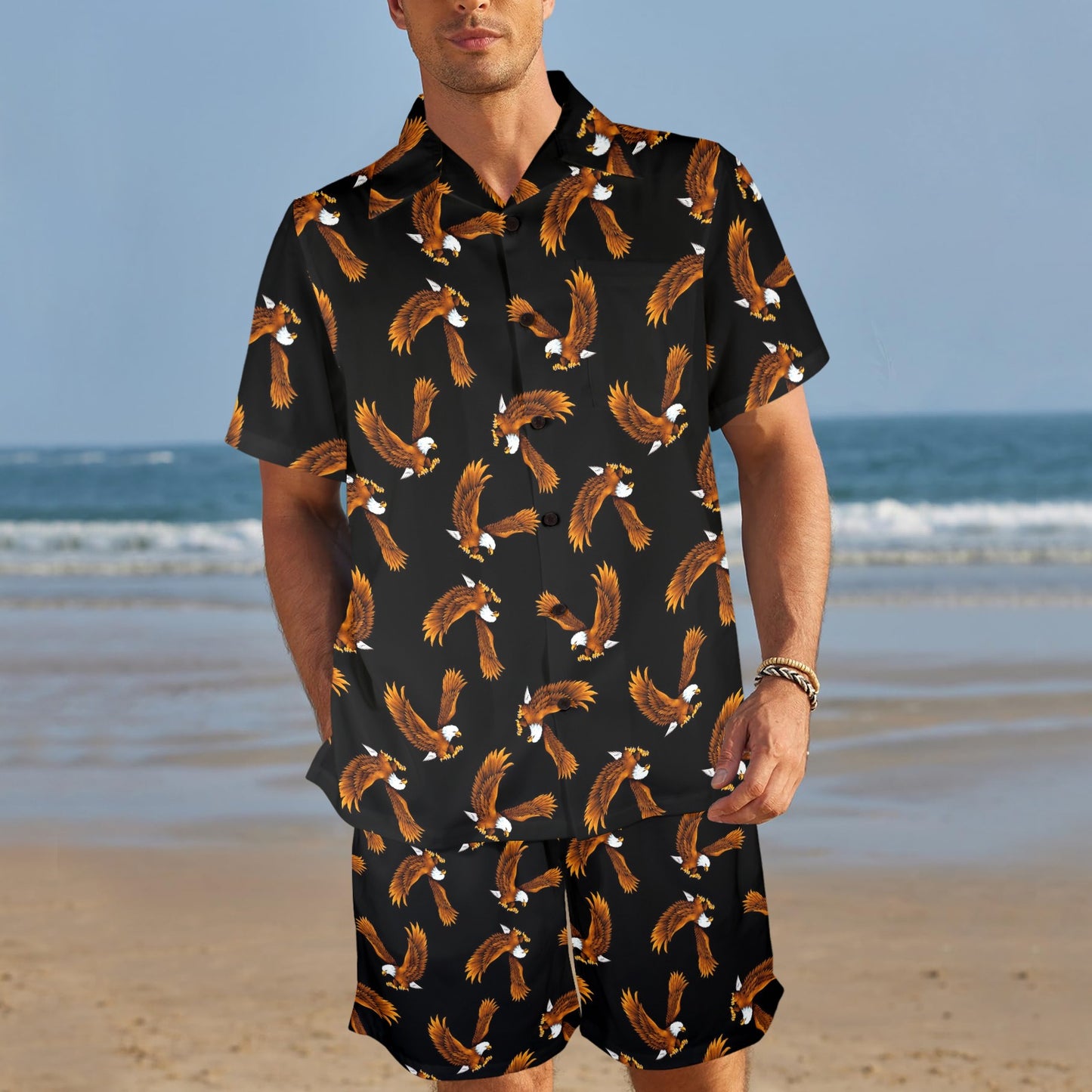 Eagles Print Pattern Men's Beach Shirt and Shorts Set