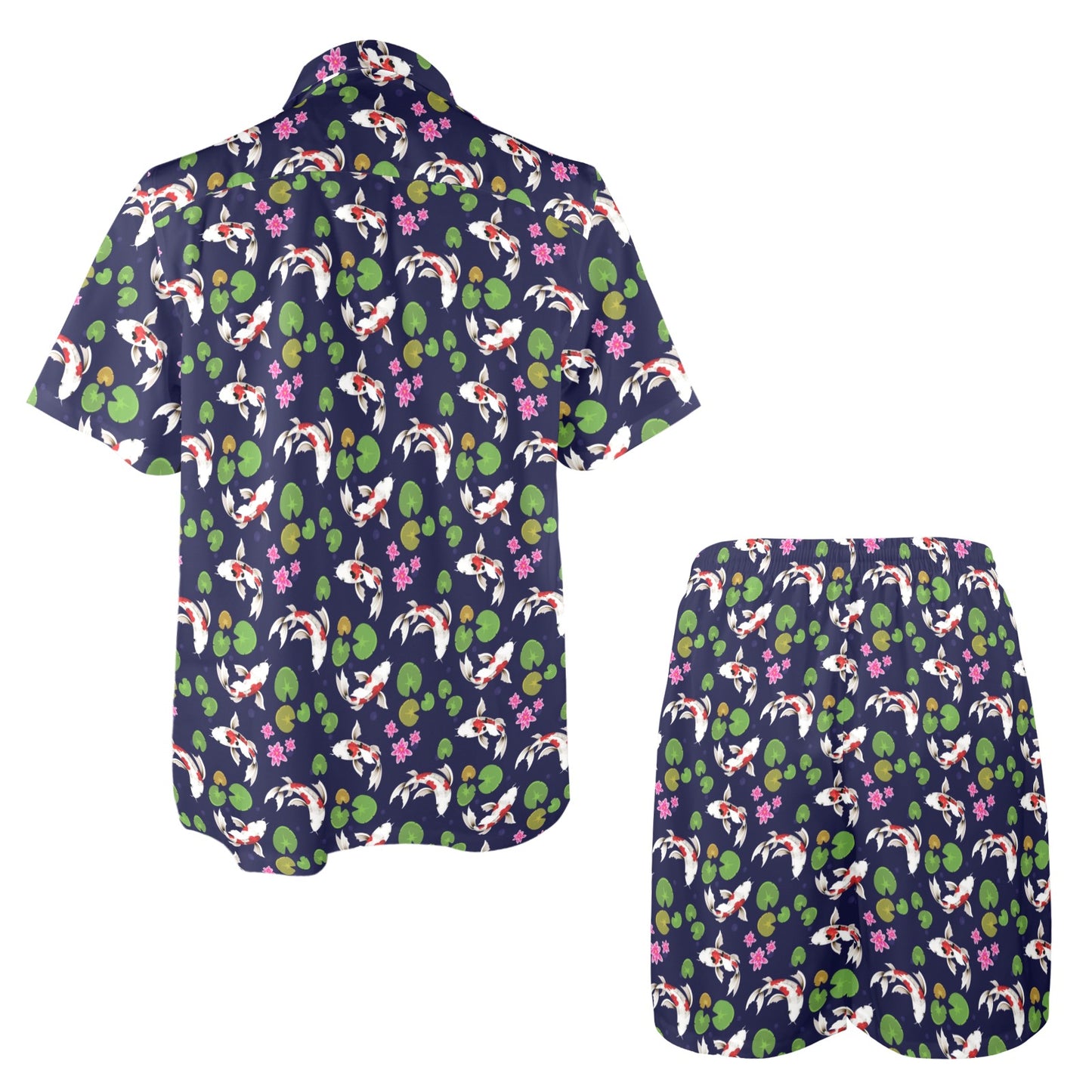 Koi Carp Pattern Design Themed Print Men's Beach Shirt and Shorts Set