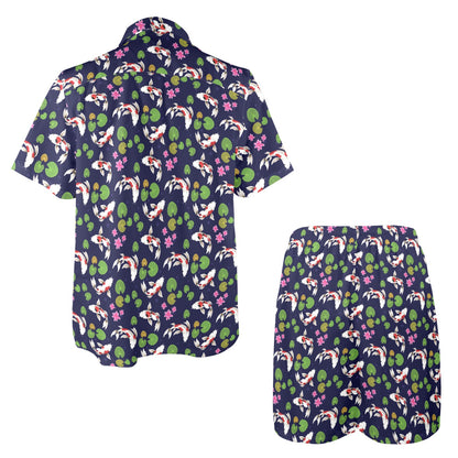 Koi Carp Pattern Design Themed Print Men's Beach Shirt and Shorts Set