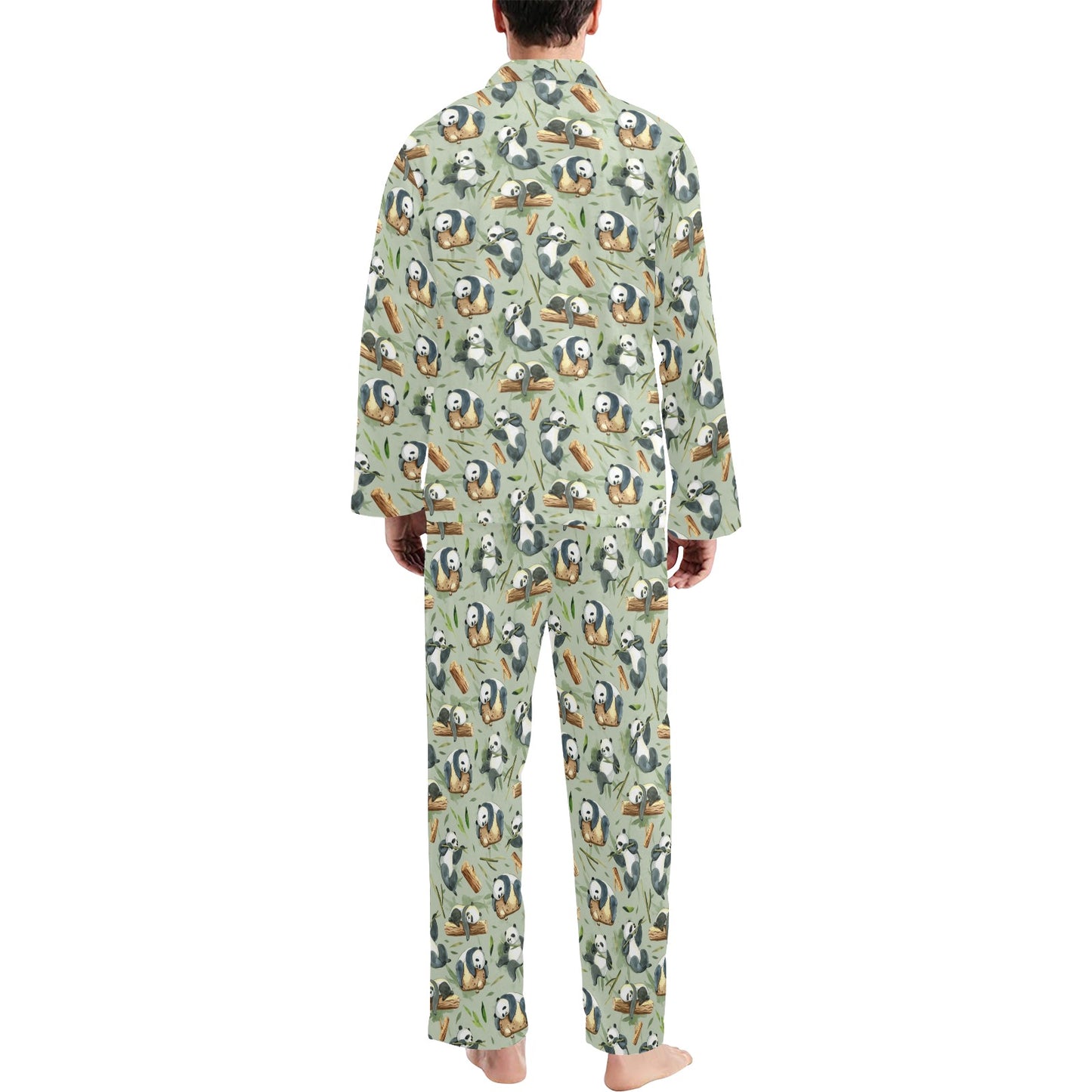 Panda Bear Design Bamboo Print Men's Long Pajama Set