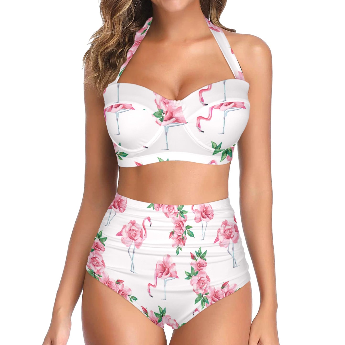 Flamingo Rose Pattern Halter Neck Bikini Swimsuit