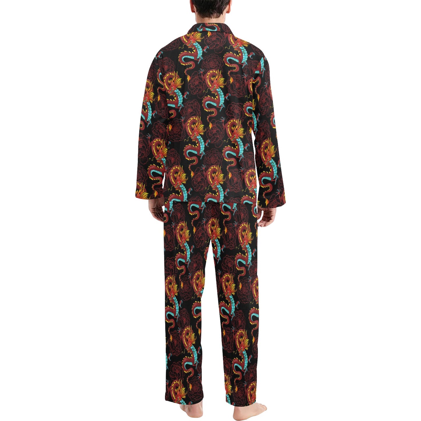 Chinese Dragons and Peonies Design Men's Long Pajama Set