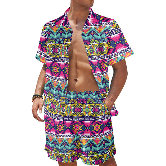 Indian Navajo Color Themed Design Print Men's Beach Shirt and Shorts Set