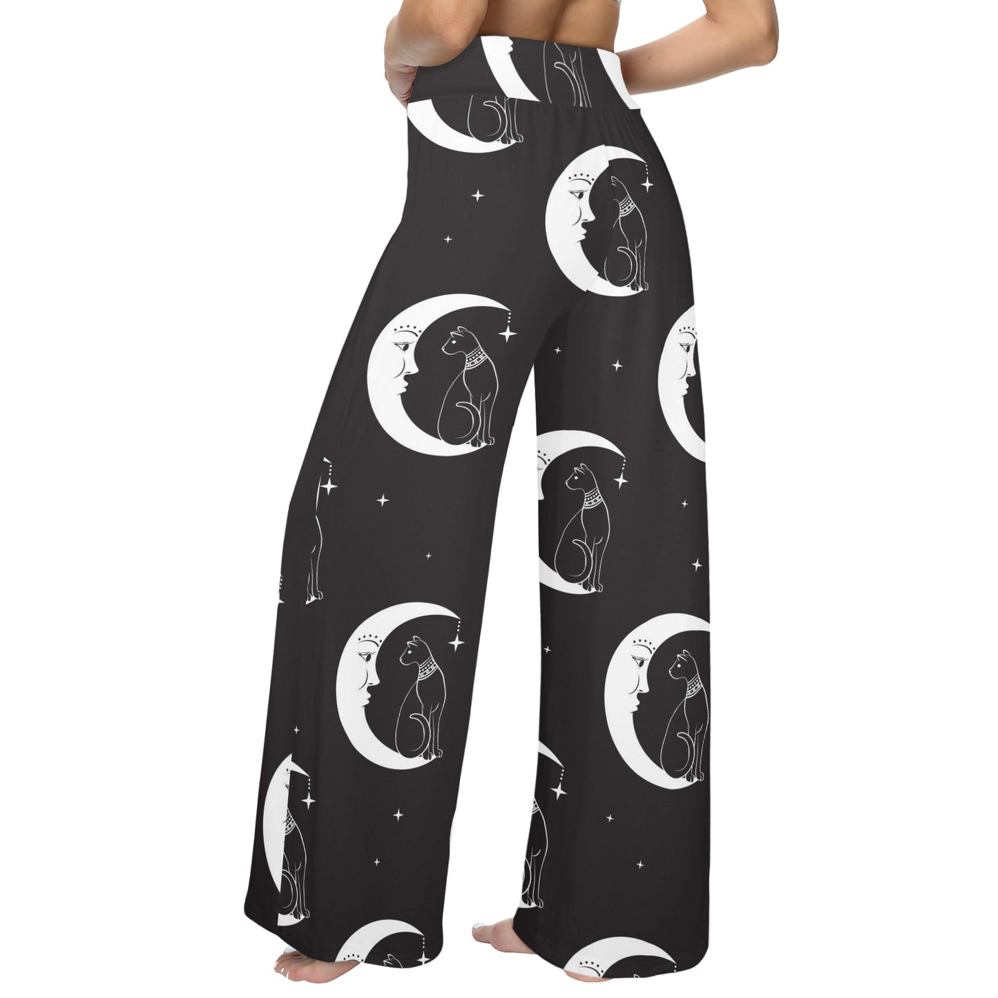 Moon with Cat Pattern Print Design 04 Women's Wide Leg Lounge Pants