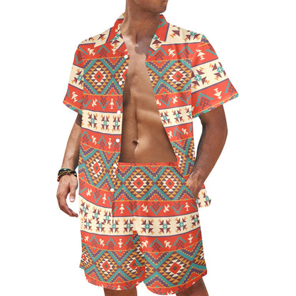 Aztec Red Print Pattern Men's Beach Shirt and Shorts Set