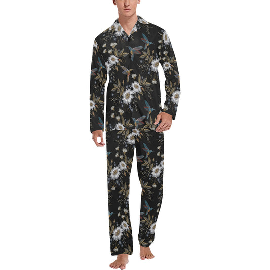 Hummingbird with Embroidery Themed Print Men's Long Pajama Set