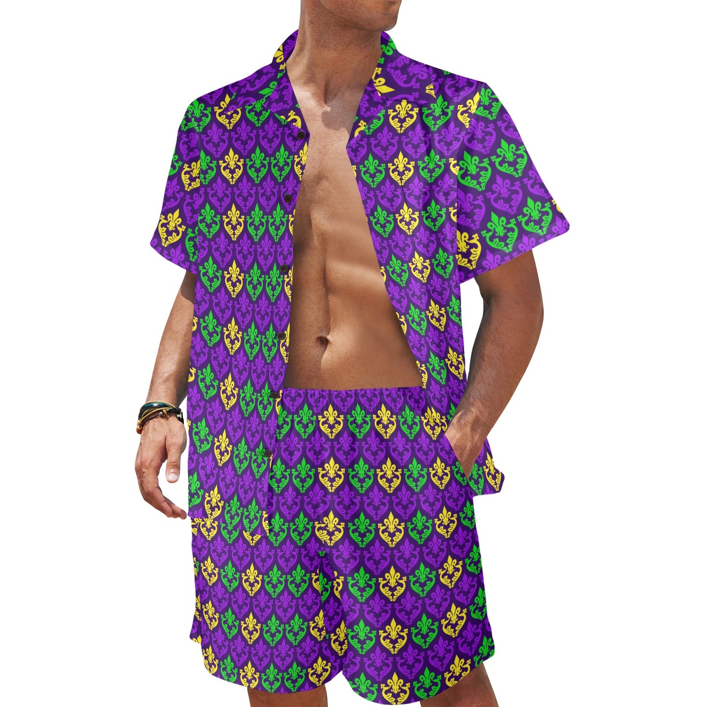 Mardi Gras Pattern Print Design 02 Men's Beach Shirt and Shorts Set