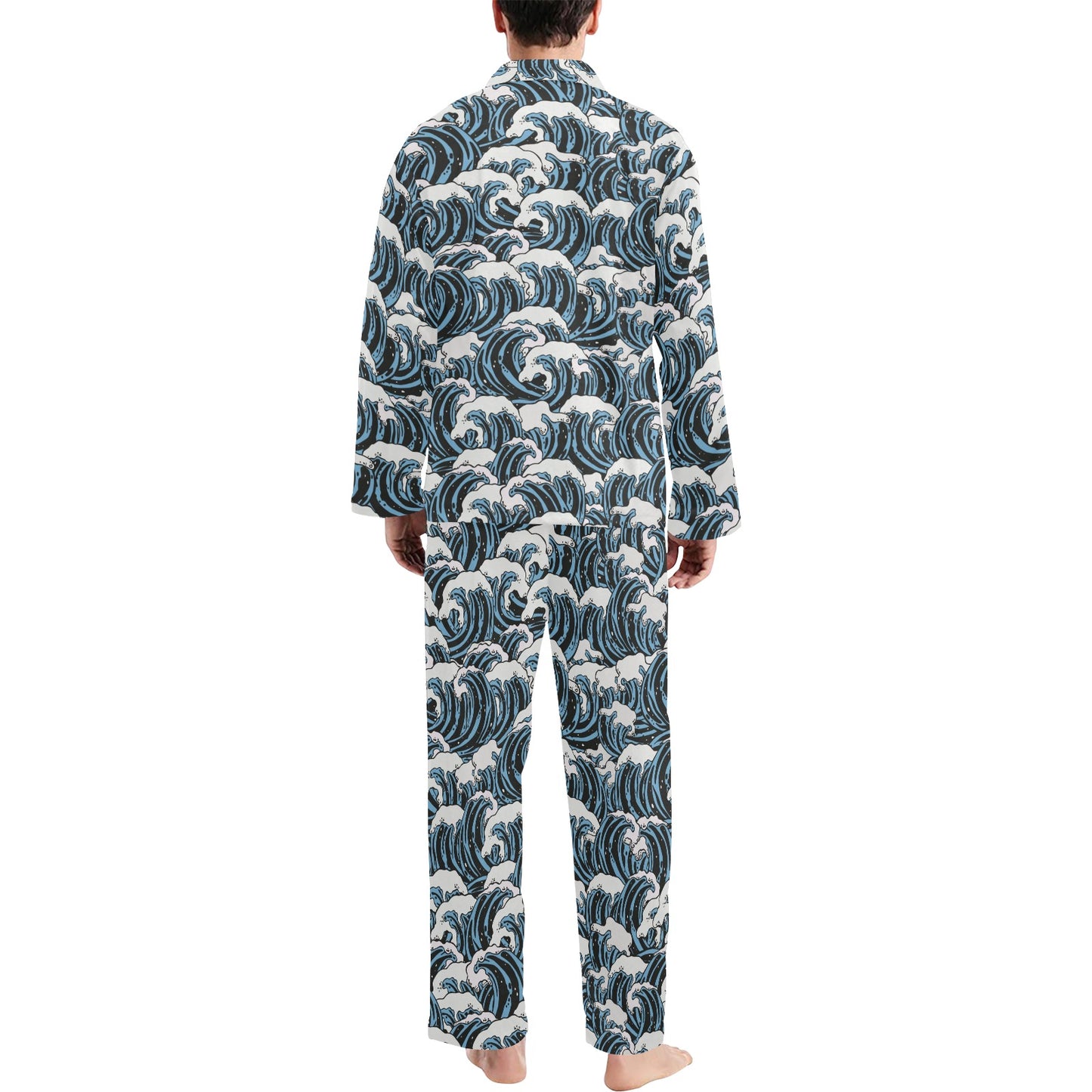 Surf Wave Pattern Print Men's Long Pajama Set