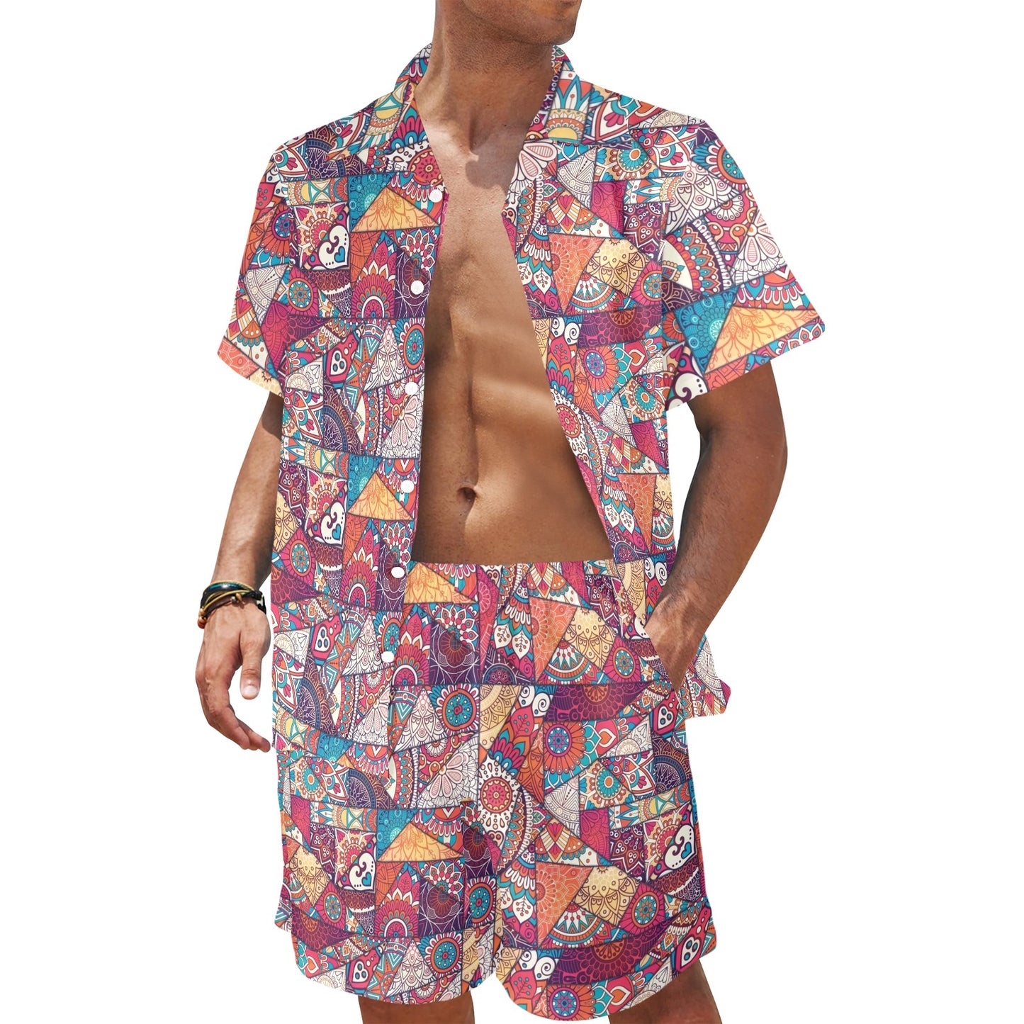 Patchwork Print Design LKS401 Men's Beach Shirt and Shorts Set