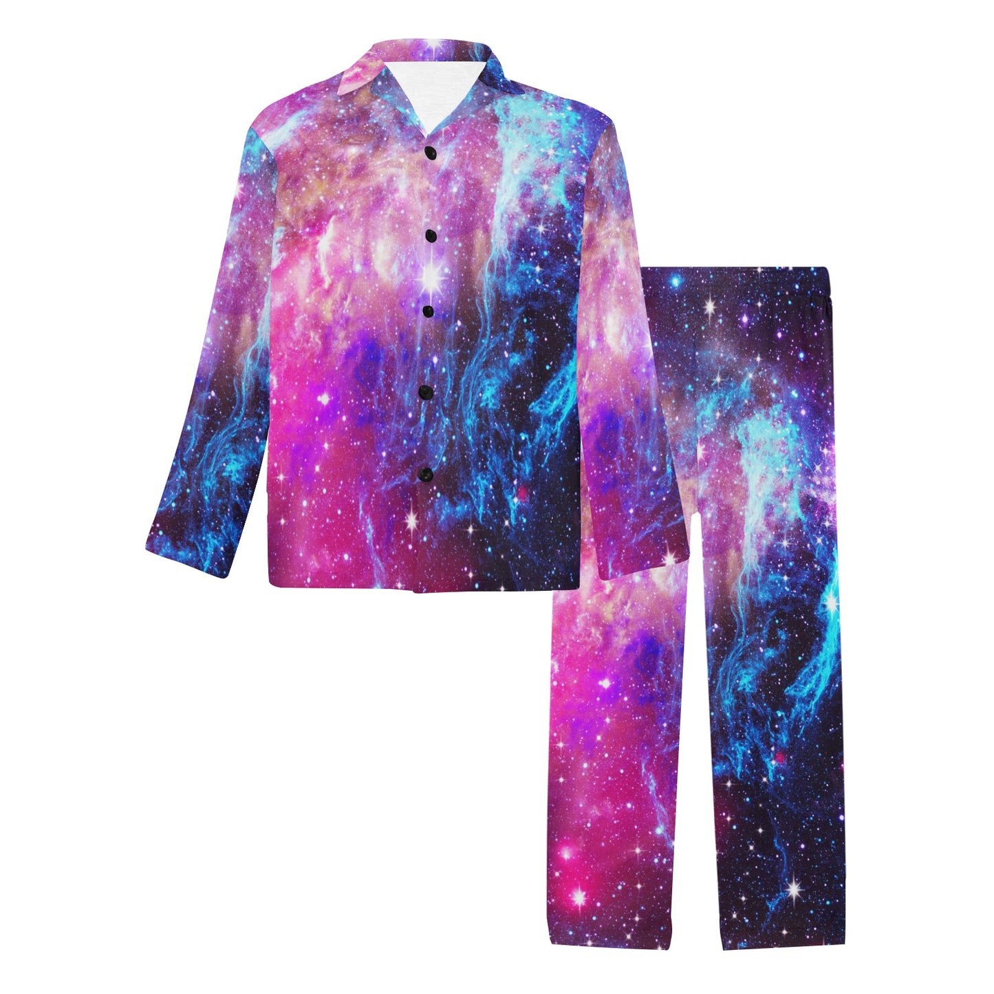 Galaxy Night Purple Space Print Men's Long Pajama Set