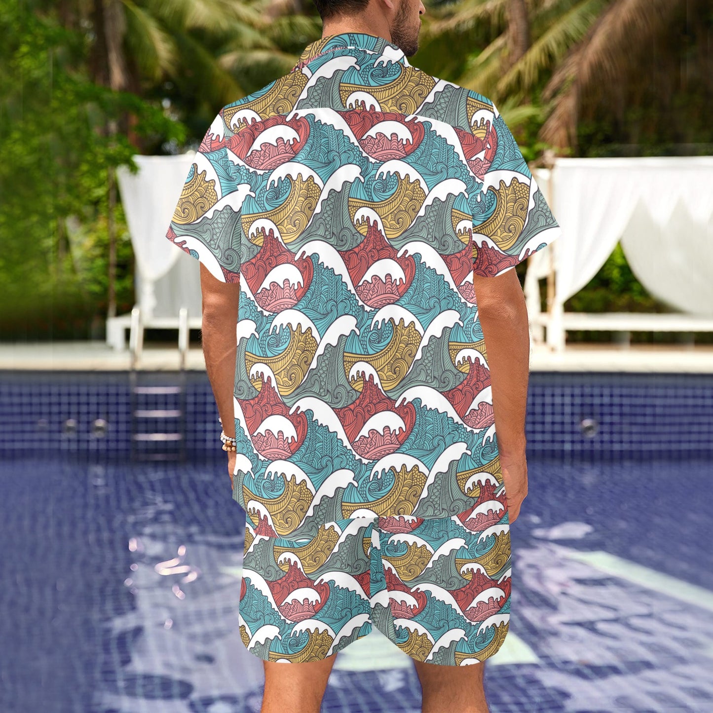 Tribal Wave Pattern Print Men's Beach Shirt and Shorts Set