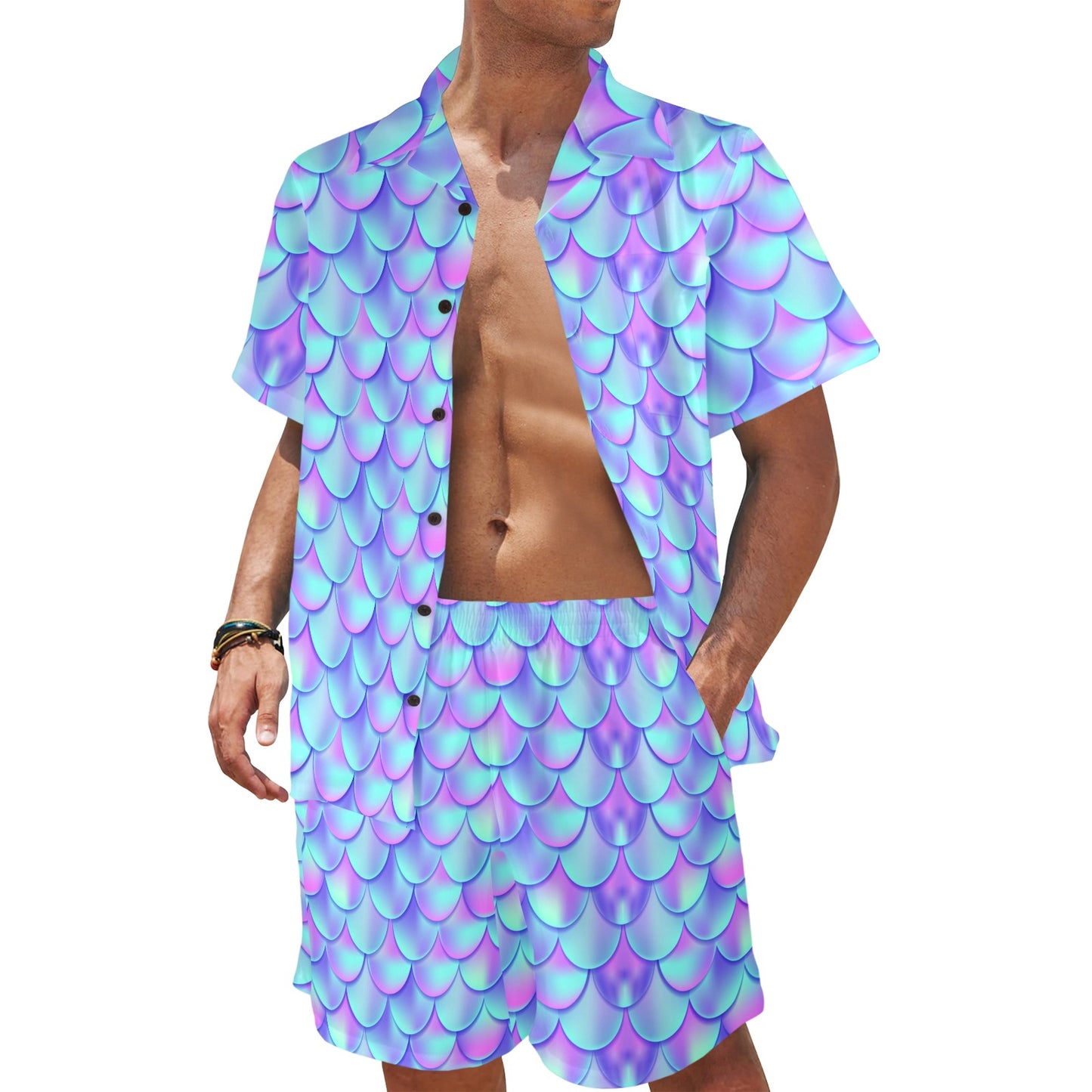 Mermaid Tail Design Print Pattern Men's Beach Shirt and Shorts Set