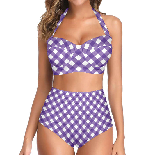 Gingham Purple Pattern Print Design 03 Halter Neck Bikini Swimsuit