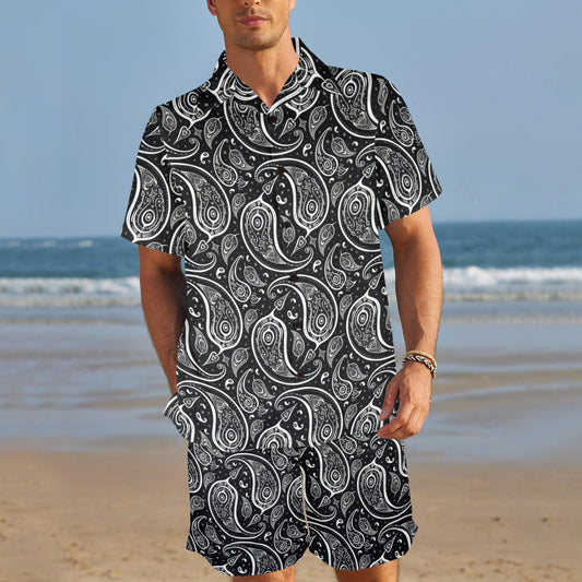 Paisley Black Design Print Men's Beach Shirt and Shorts Set