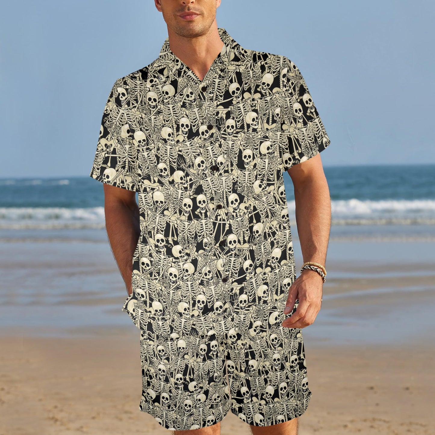 Skeleton Design Print Men's Beach Shirt and Shorts Set