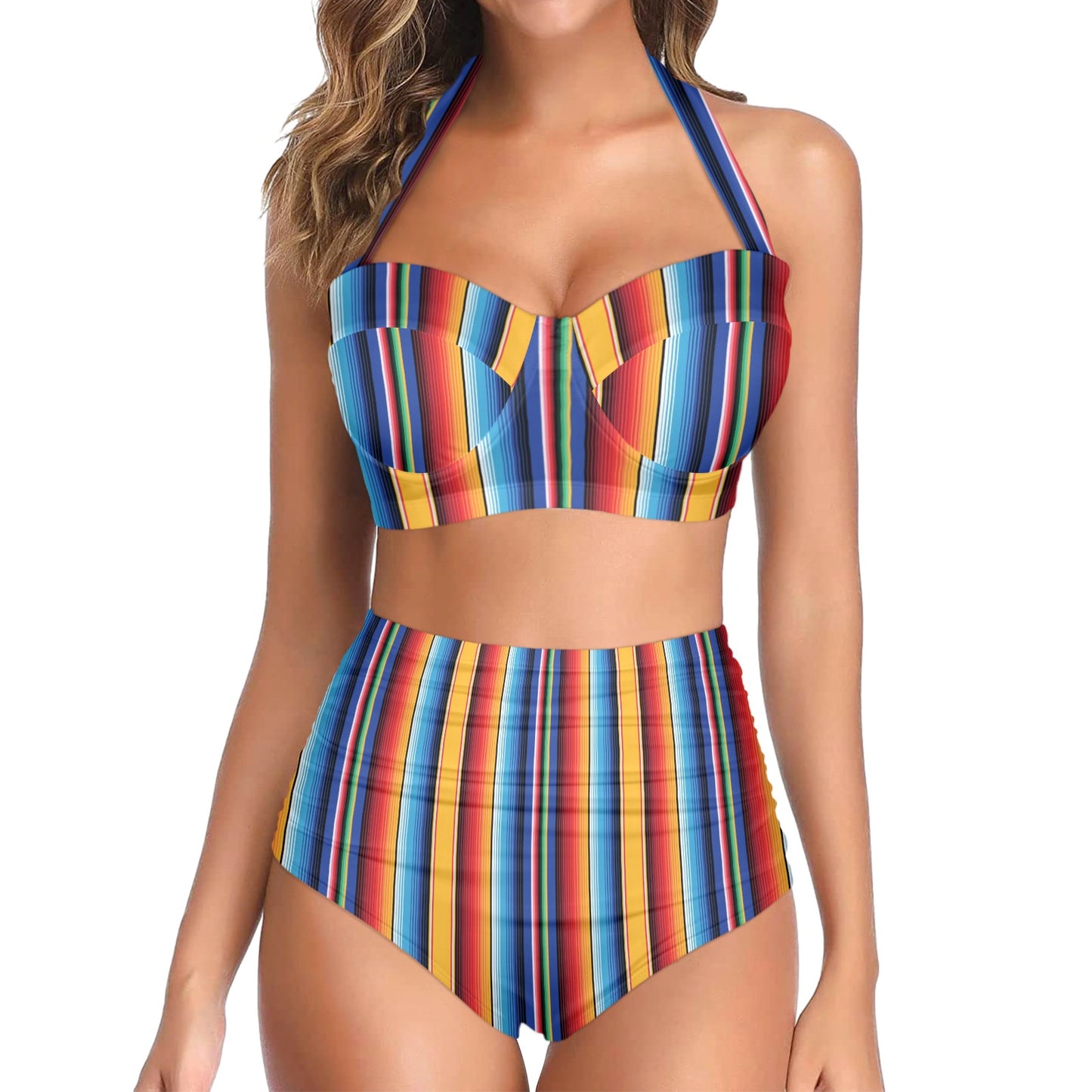 Mexican Blanket Stripe Print Pattern Halter Neck Bikini Swimsuit
