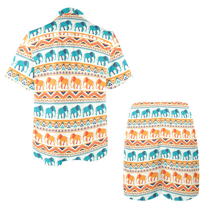 Elephant Aztec Ethnic Print Pattern Men's Beach Shirt and Shorts Set
