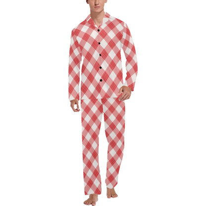 Gingham Red Pattern Print Design 01 Men's Long Pajama Set