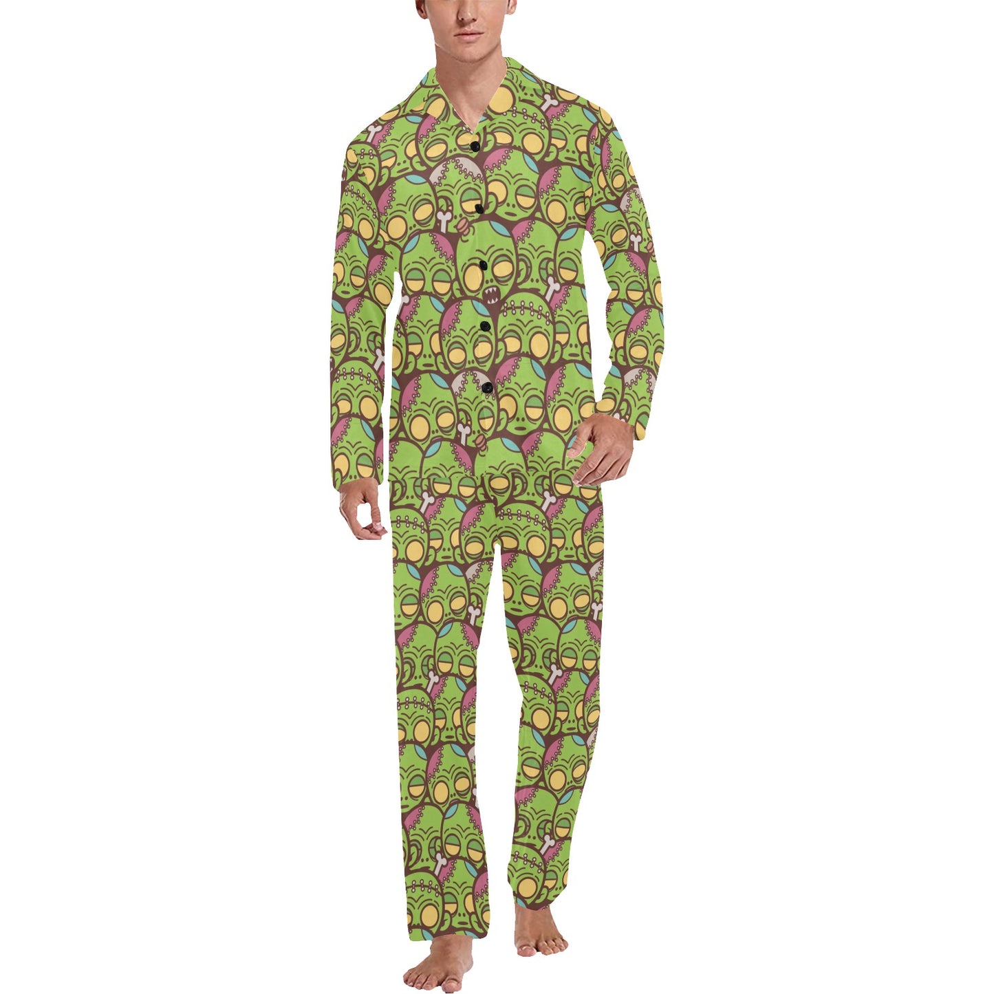 Zombie Head Design Pattern Print Men's Long Pajama Set