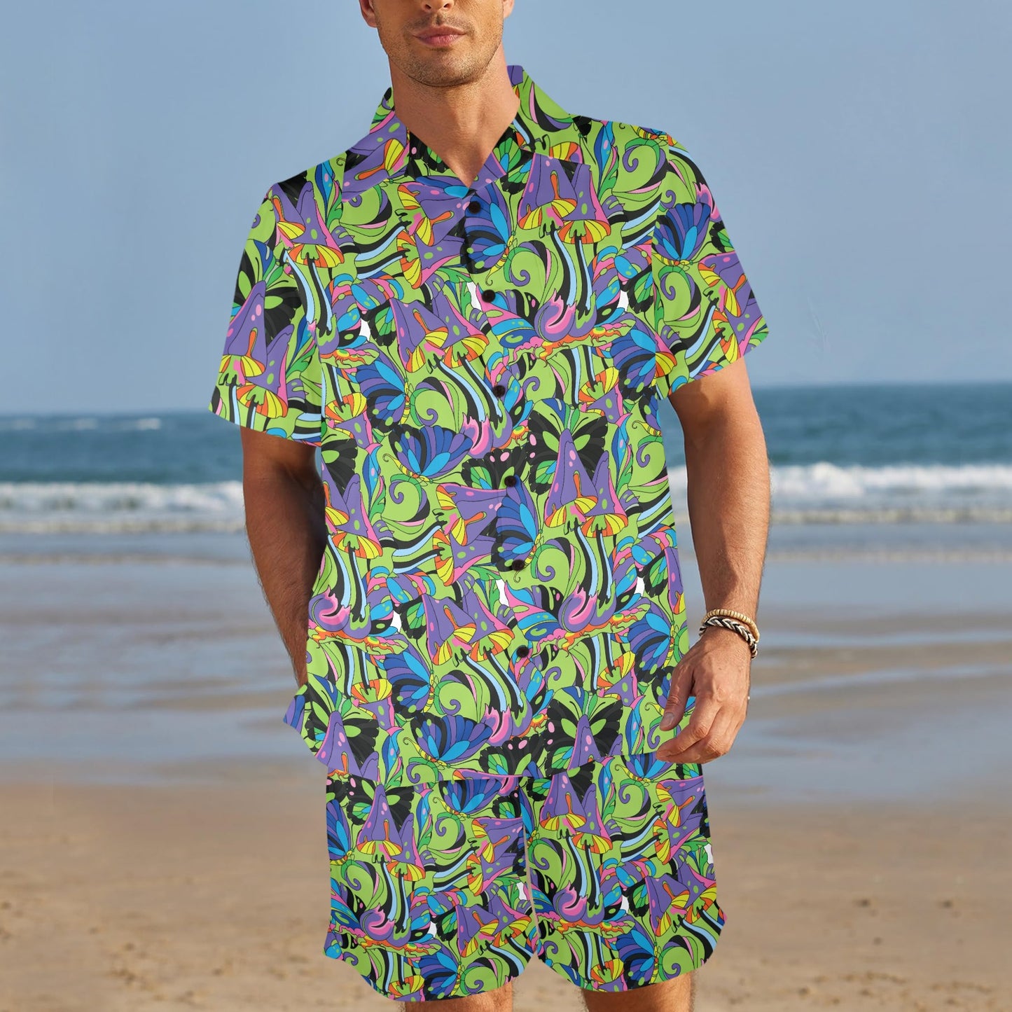 Psychedelic Trippy Mushroom Themed Men's Beach Shirt and Shorts Set