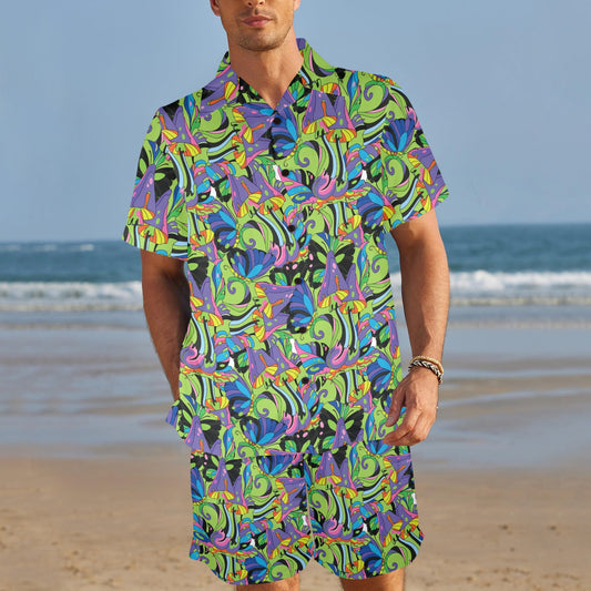 Psychedelic Trippy Mushroom Themed Men's Beach Shirt and Shorts Set