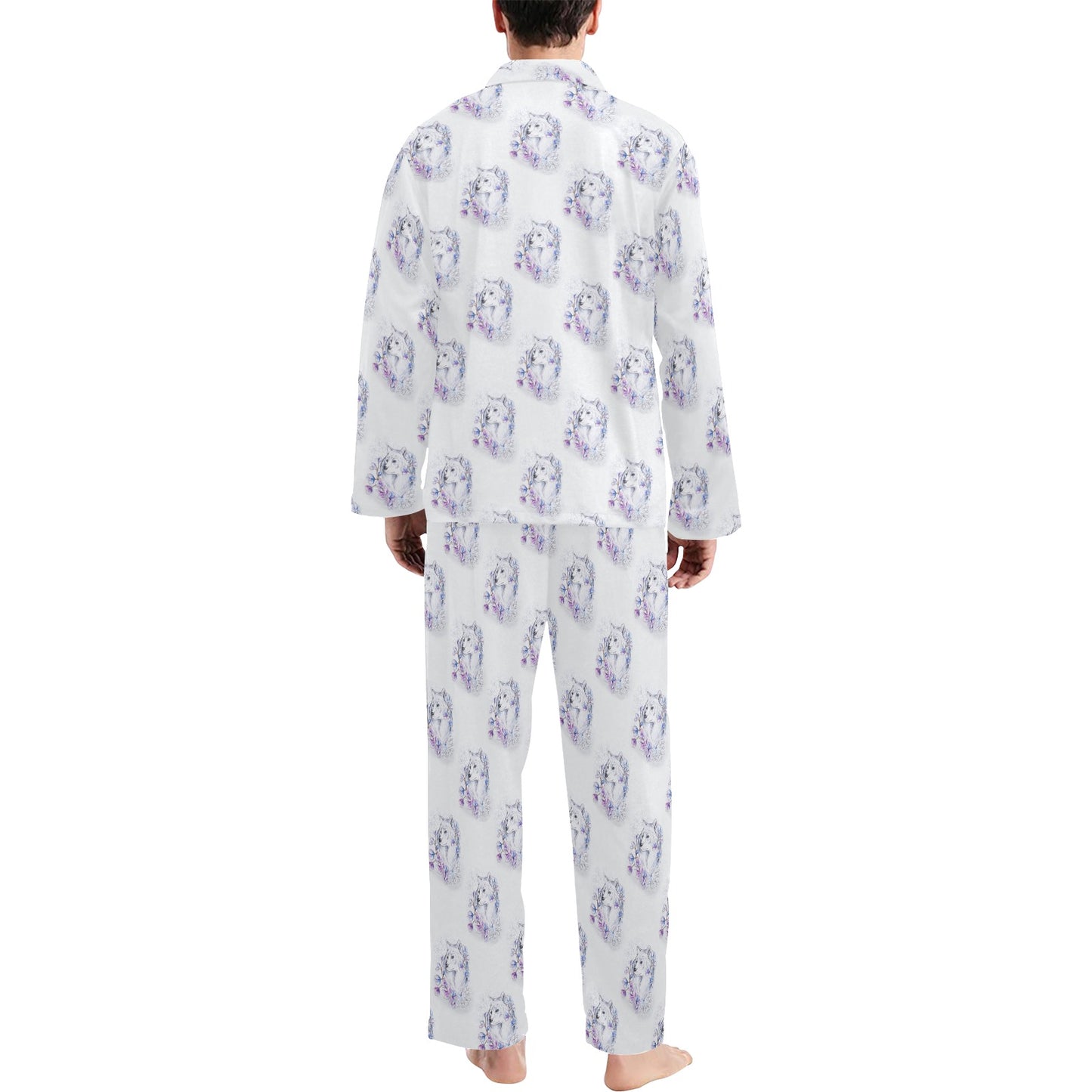 Wolf with Flower Print Design Men's Long Pajama Set