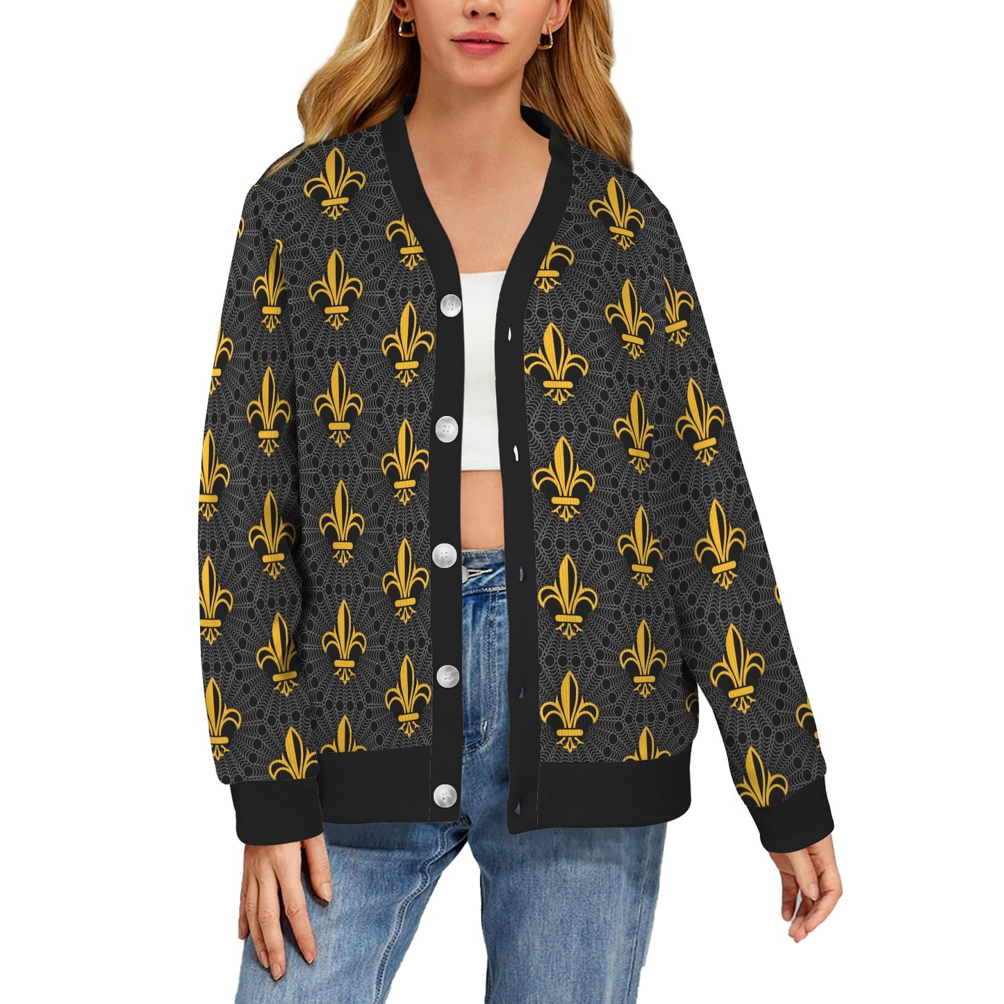 Fleur De Lis Gold Pattern Print Design 01 Women's Cardigan
