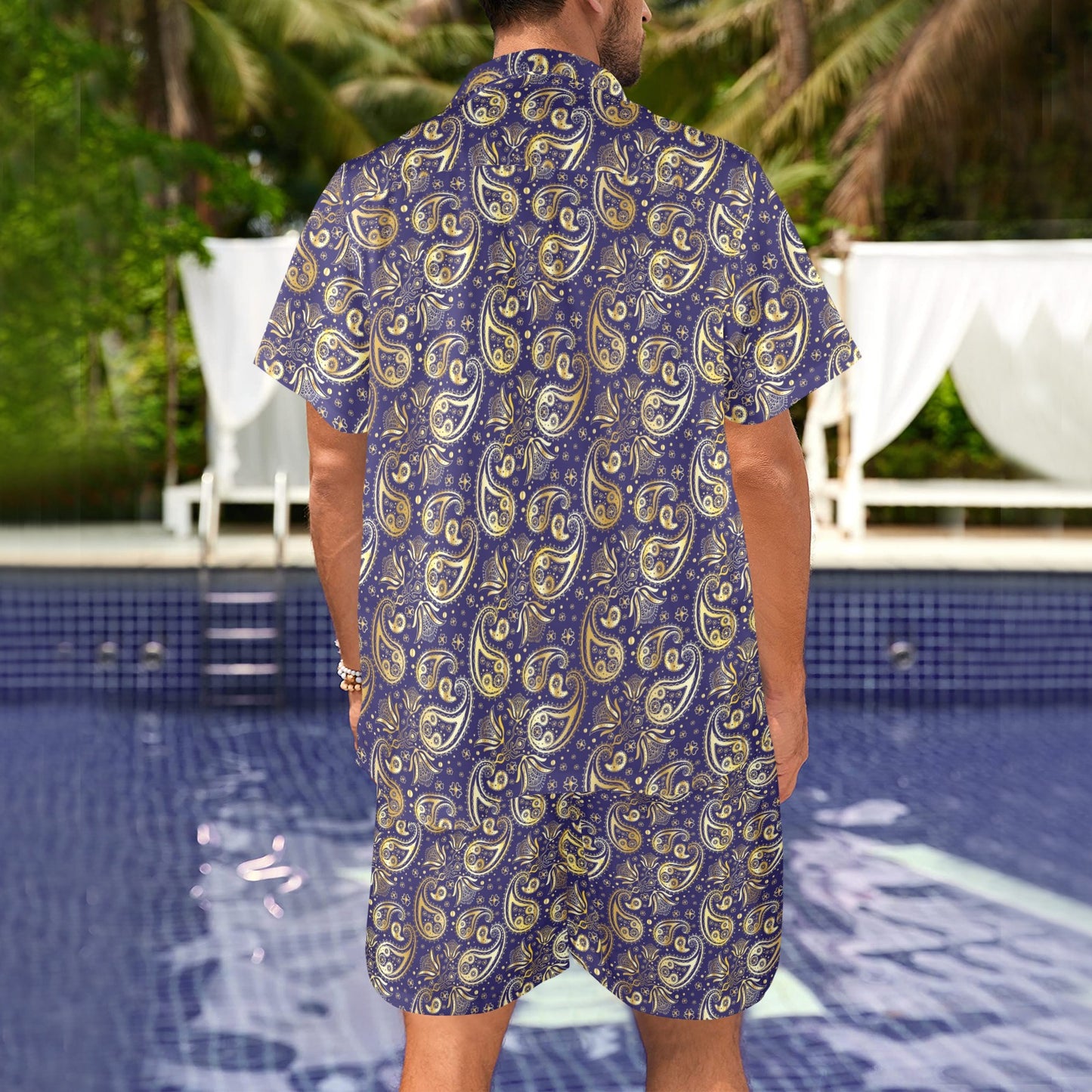 Paisley Blue Yellow Design Print Men's Beach Shirt and Shorts Set