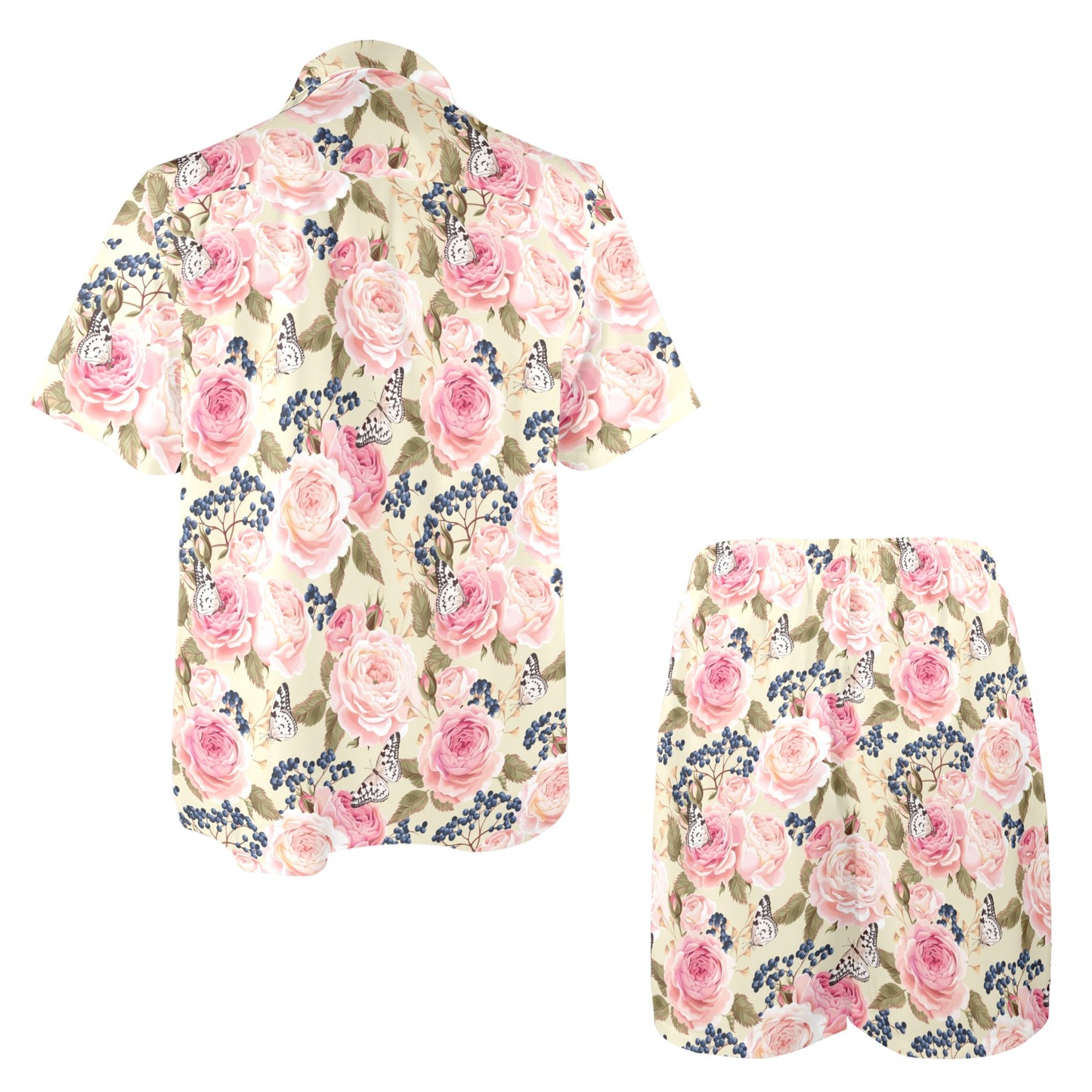Floral Pink Butterfly Print Men's Beach Shirt and Shorts Set