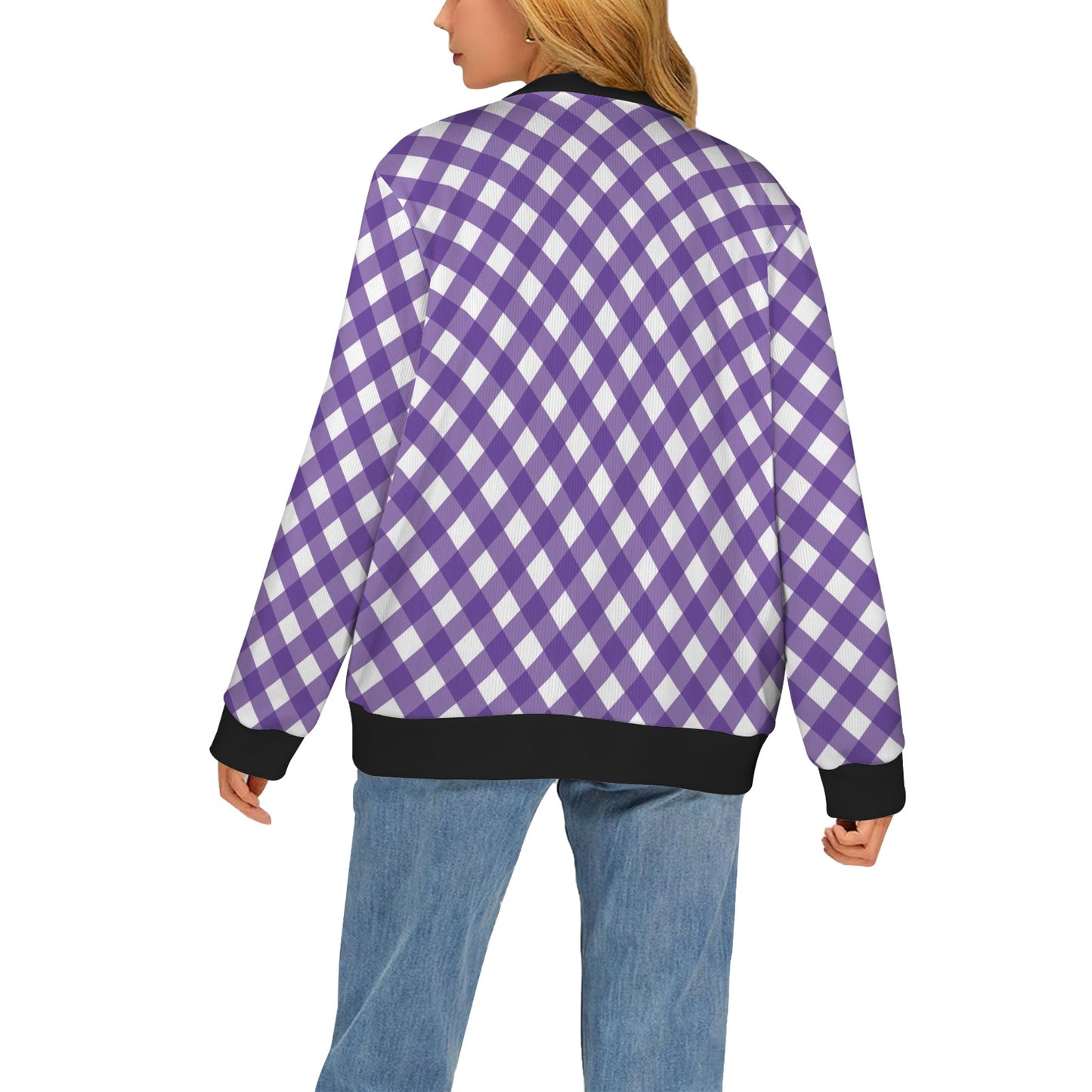 Gingham Purple Pattern Print Design 03 Women's Cardigan