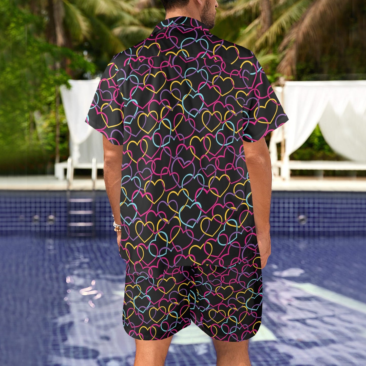 Heart Design Print Pattern JJ0333 Men's Beach Shirt and Shorts Set