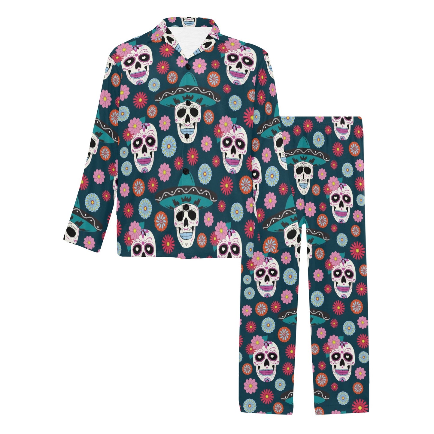 Sugar Skull Print Design LKS308 Men's Long Pajama Set