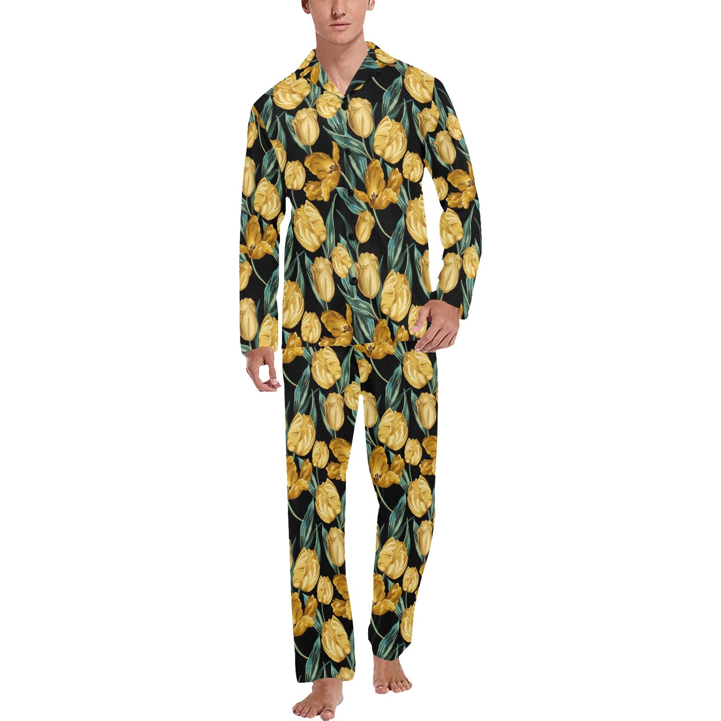 Elegant Yellow Tulip Print Men's Long Pajama Set