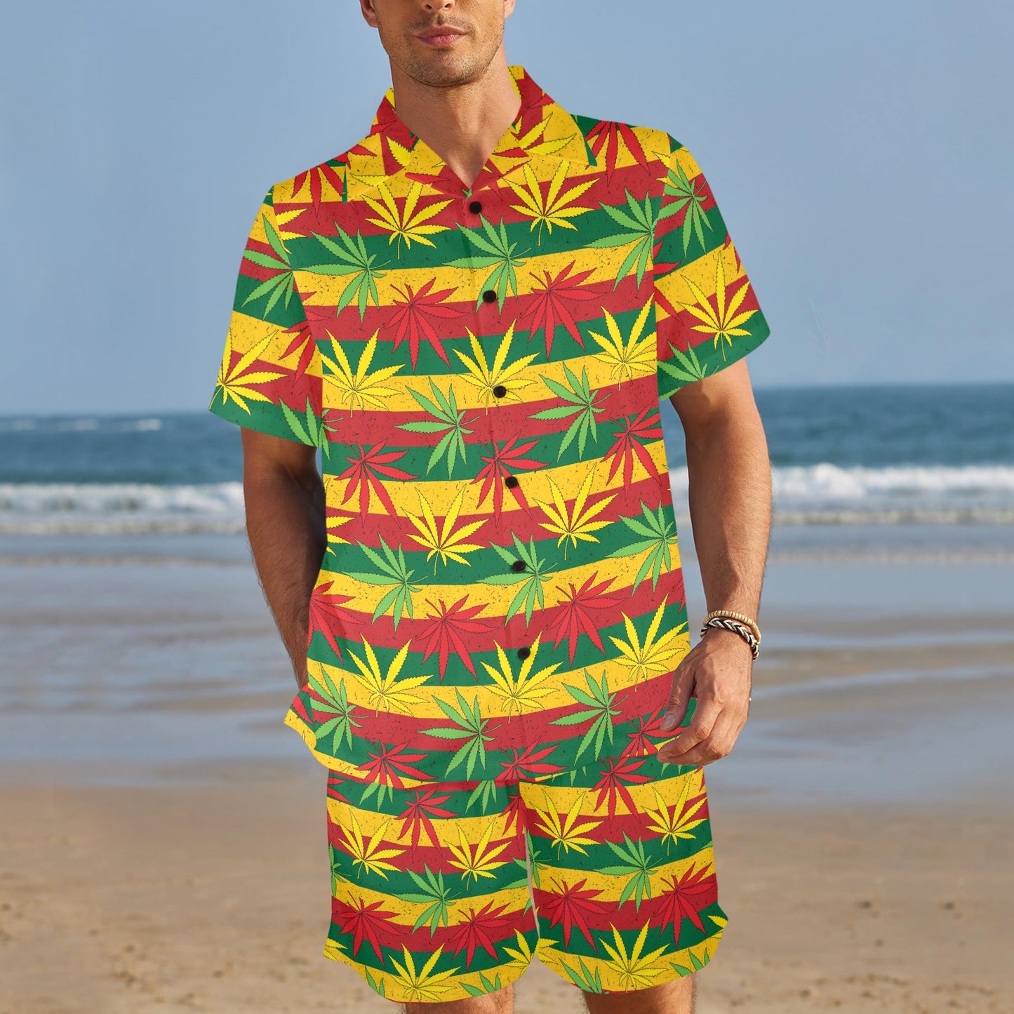 Rasta Pattern Print Design A03 Men's Beach Shirt and Shorts Set