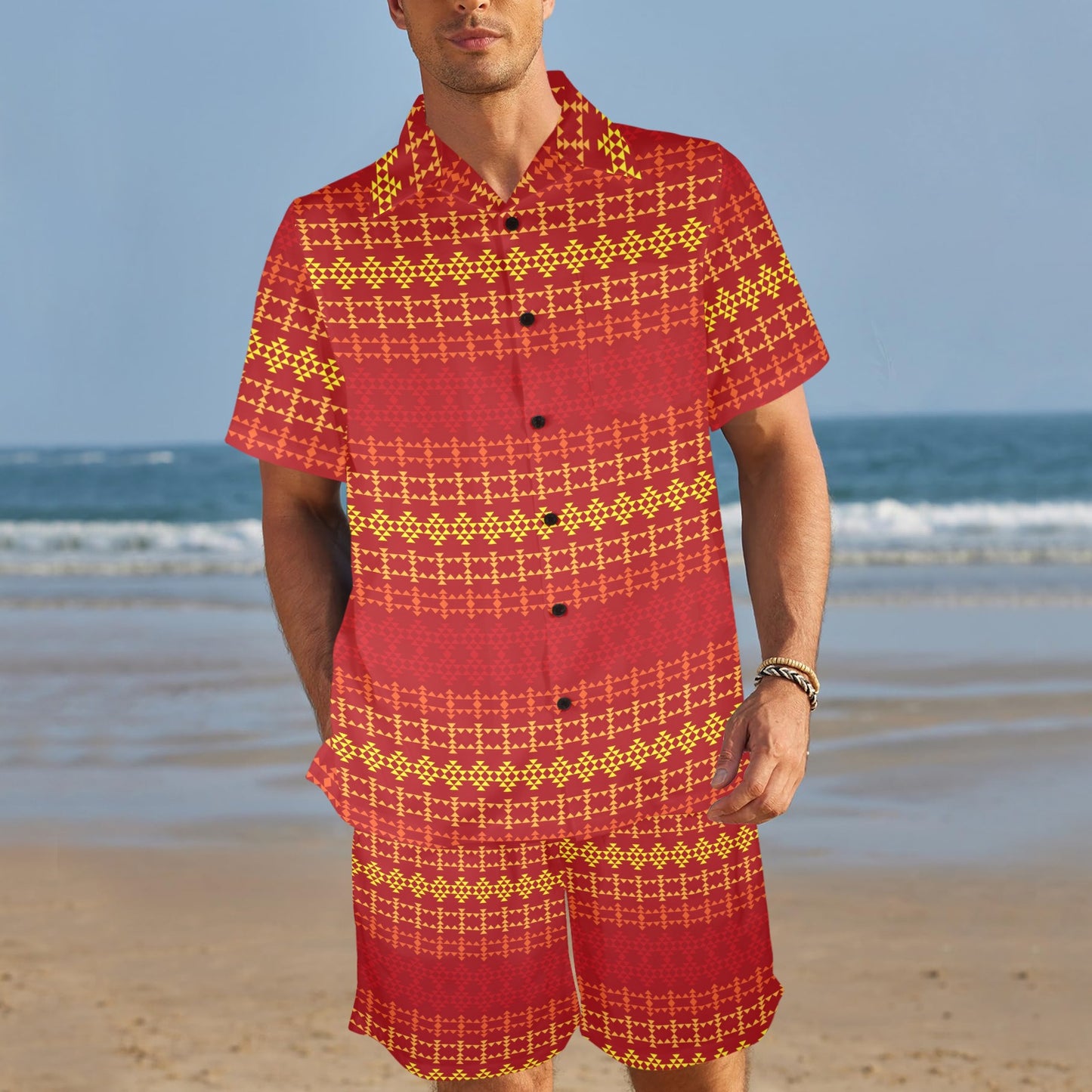 Southwest Red Gold Design Themed Print Men's Beach Shirt and Shorts Set