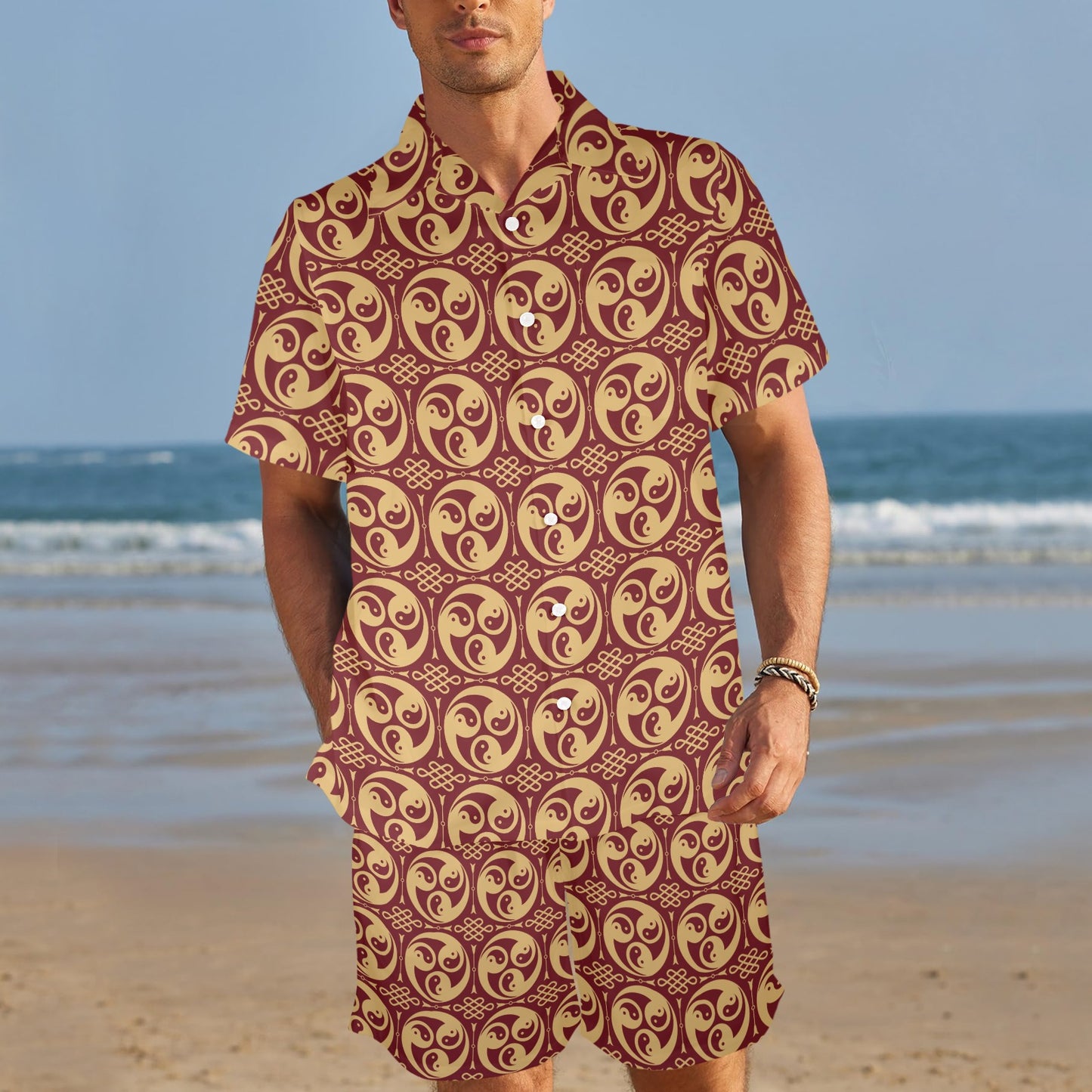 Yin Yang Style Pattern Design Print Men's Beach Shirt and Shorts Set