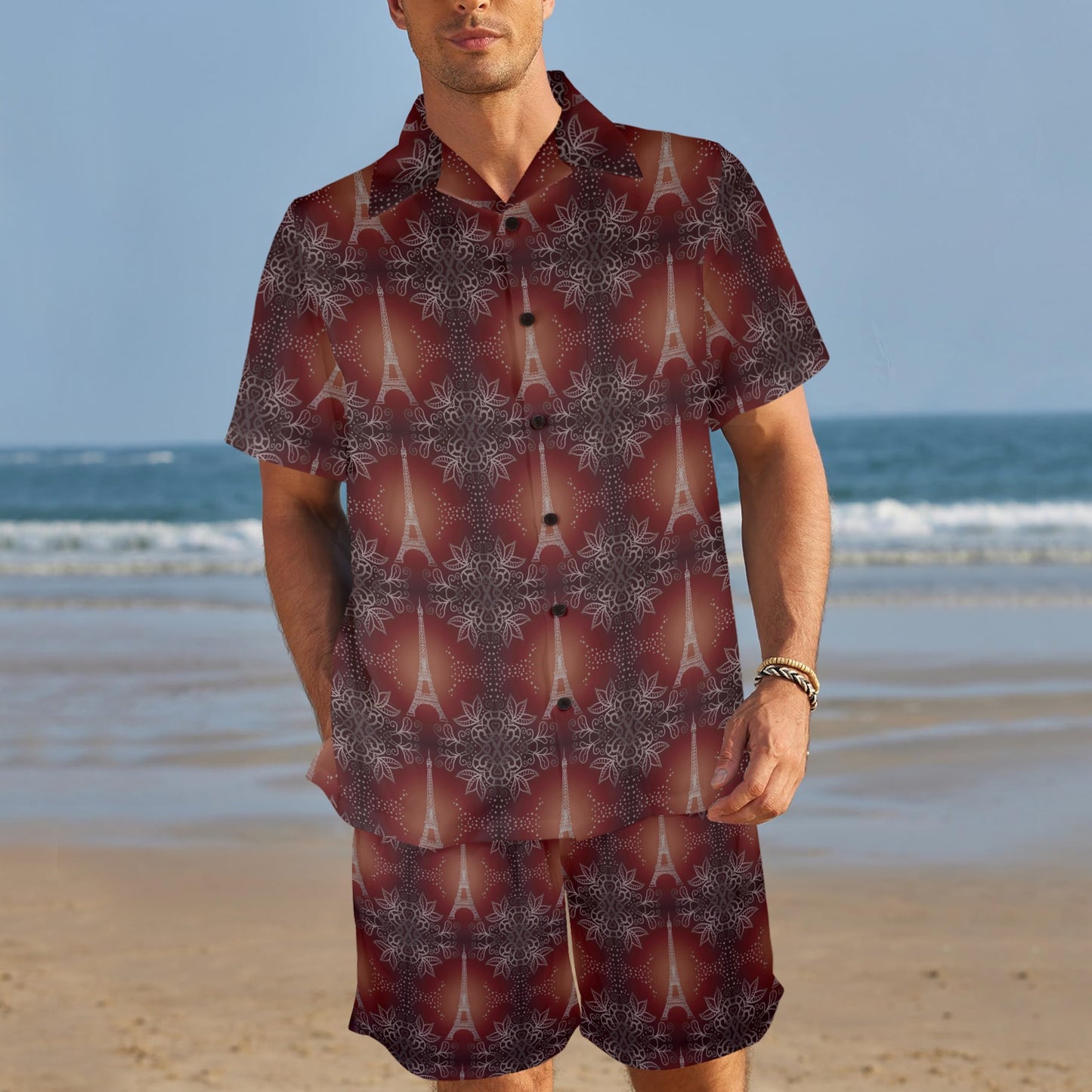 Eiffel Tower Drawing Print Men's Beach Shirt and Shorts Set