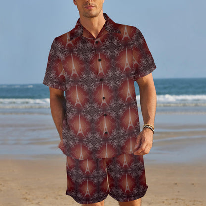 Eiffel Tower Drawing Print Men's Beach Shirt and Shorts Set