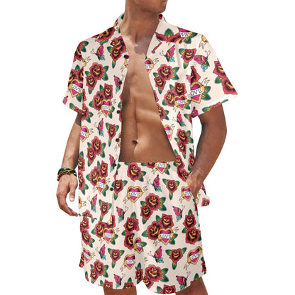 Old School Tattoo Rose Pattern Men's Beach Shirt and Shorts Set